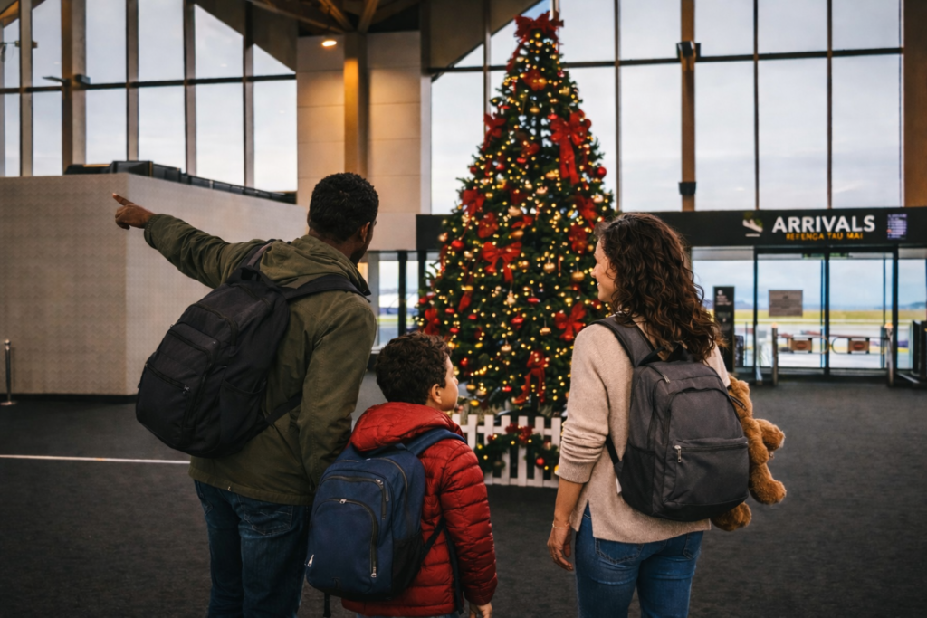 Family walking through an airport with luggage during holiday travel season