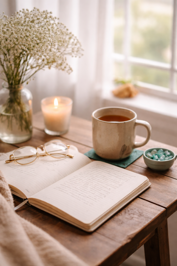 Journal, tea, and candle on a cozy table by a window for wellness content