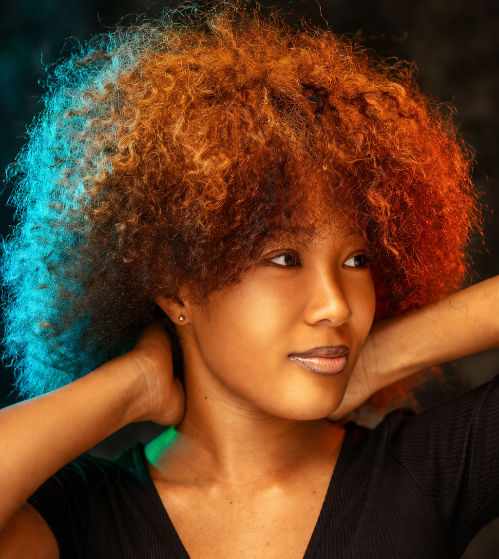 Natural curly hair portrait for the Mane Thawts natural hair care page