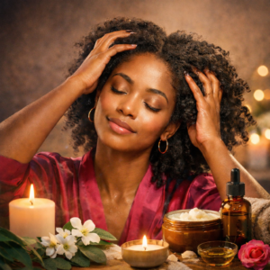 Woman with natural curly hair massaging her scalp during a relaxing natural hair care routine for mental wellness