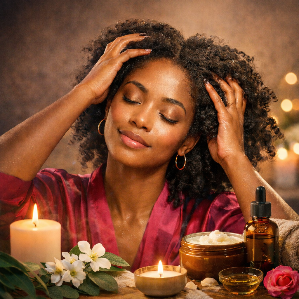 Woman with natural curly hair massaging her scalp during a relaxing natural hair care routine for mental wellness