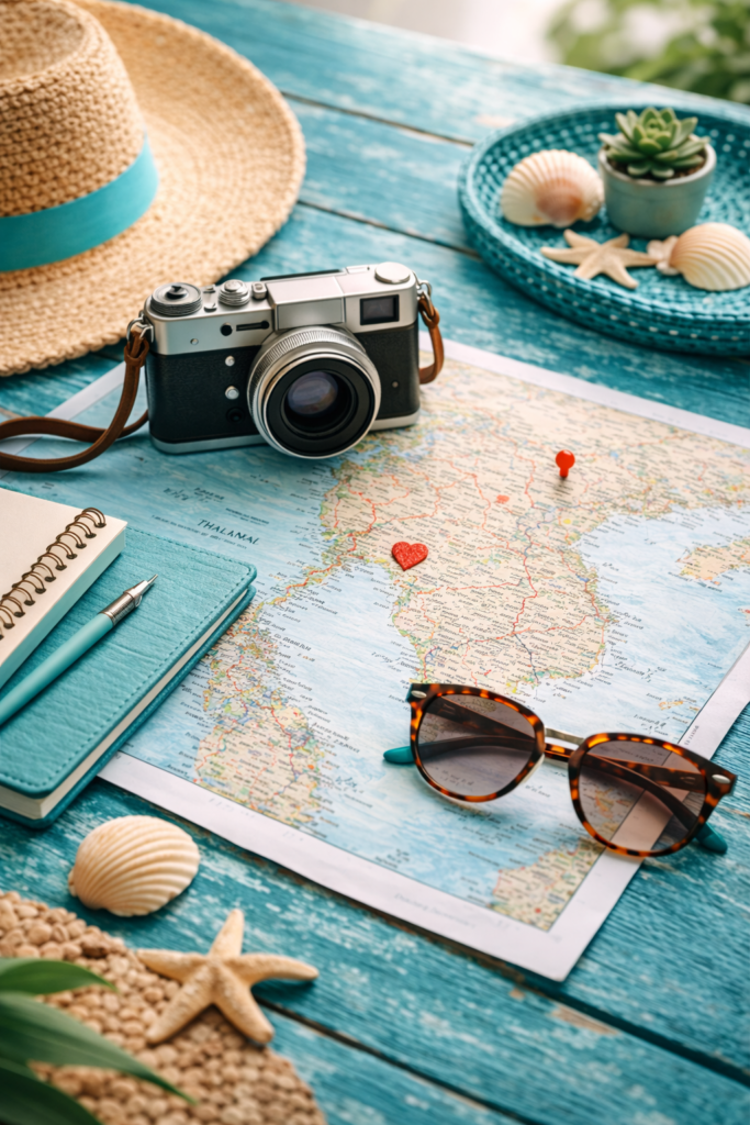 Map, camera, and sunglasses arranged for travel planning content