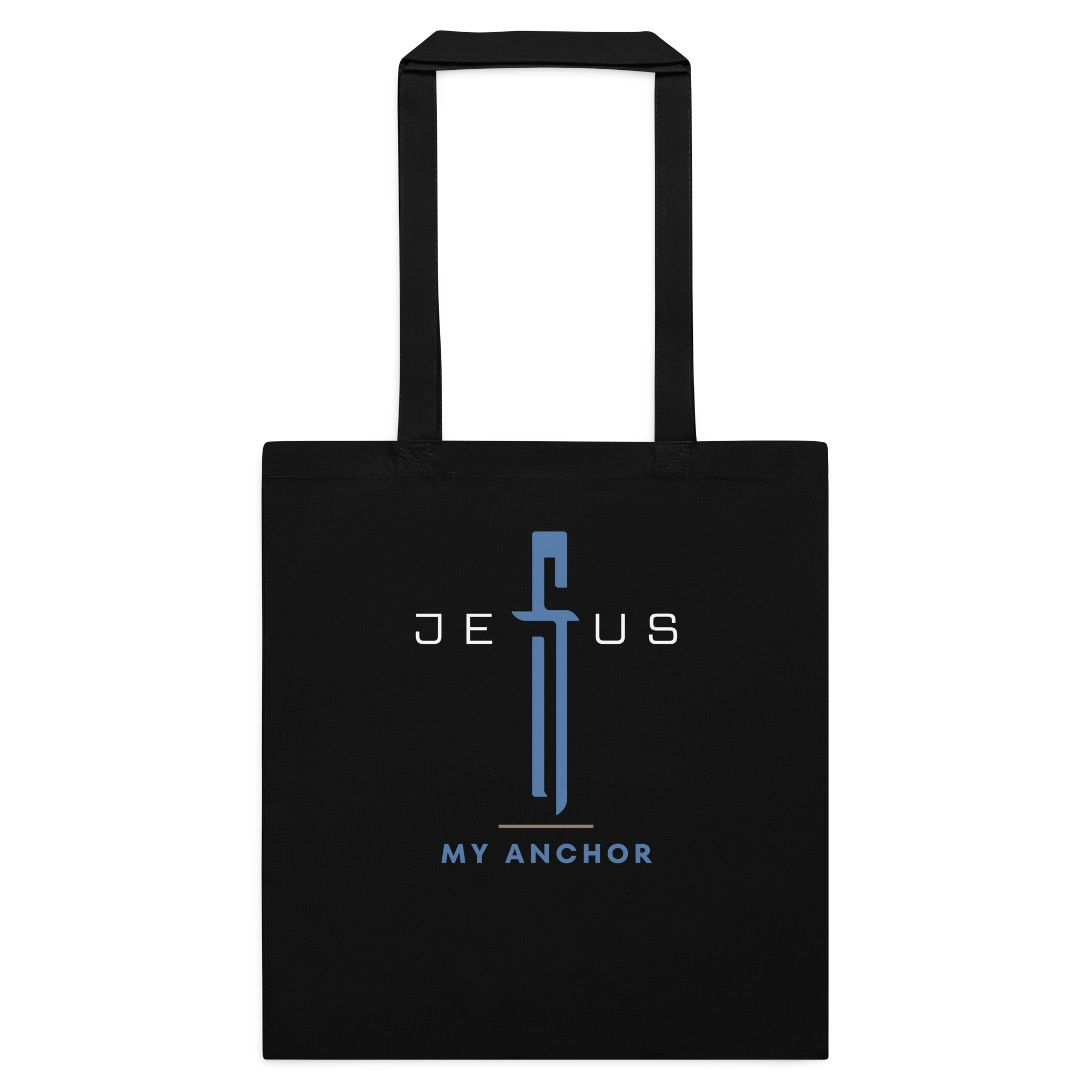 Black Jesus Is My Anchor tote bag with blue faith-based front design