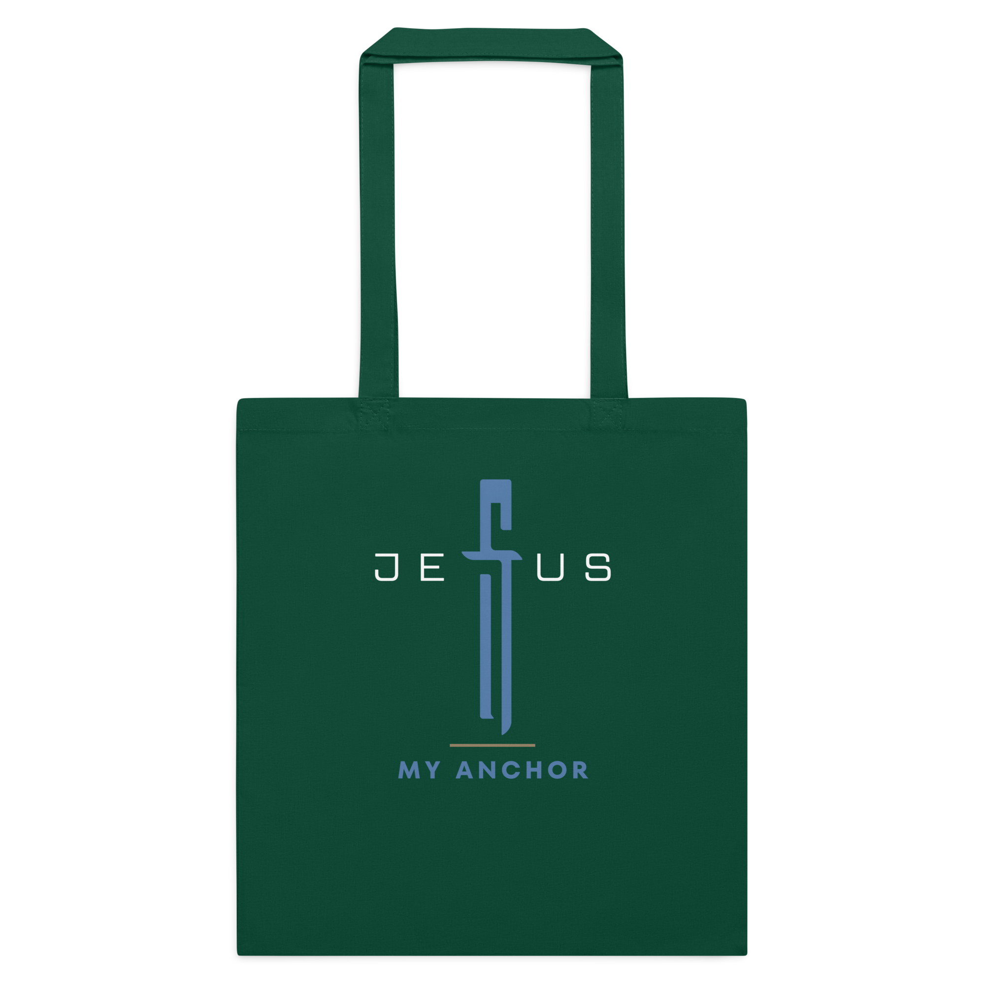Green Jesus Is My Anchor tote bag with faith-based cross design