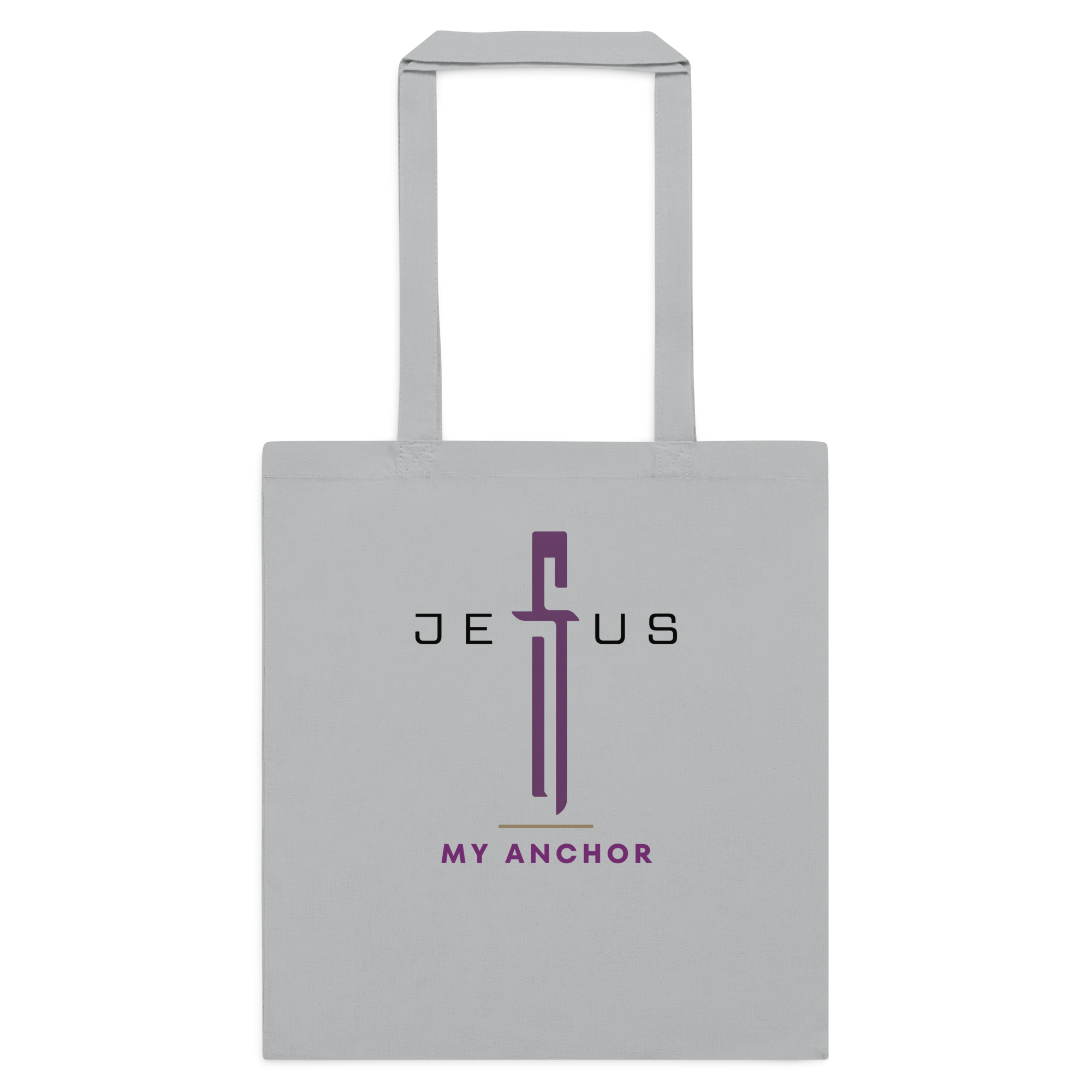 Gray Jesus Is My Anchor tote bag with purple faith-based front design