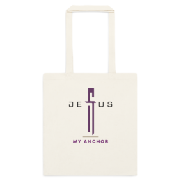 Neutral Jesus Is My Anchor tote bag with purple faith-based cross design