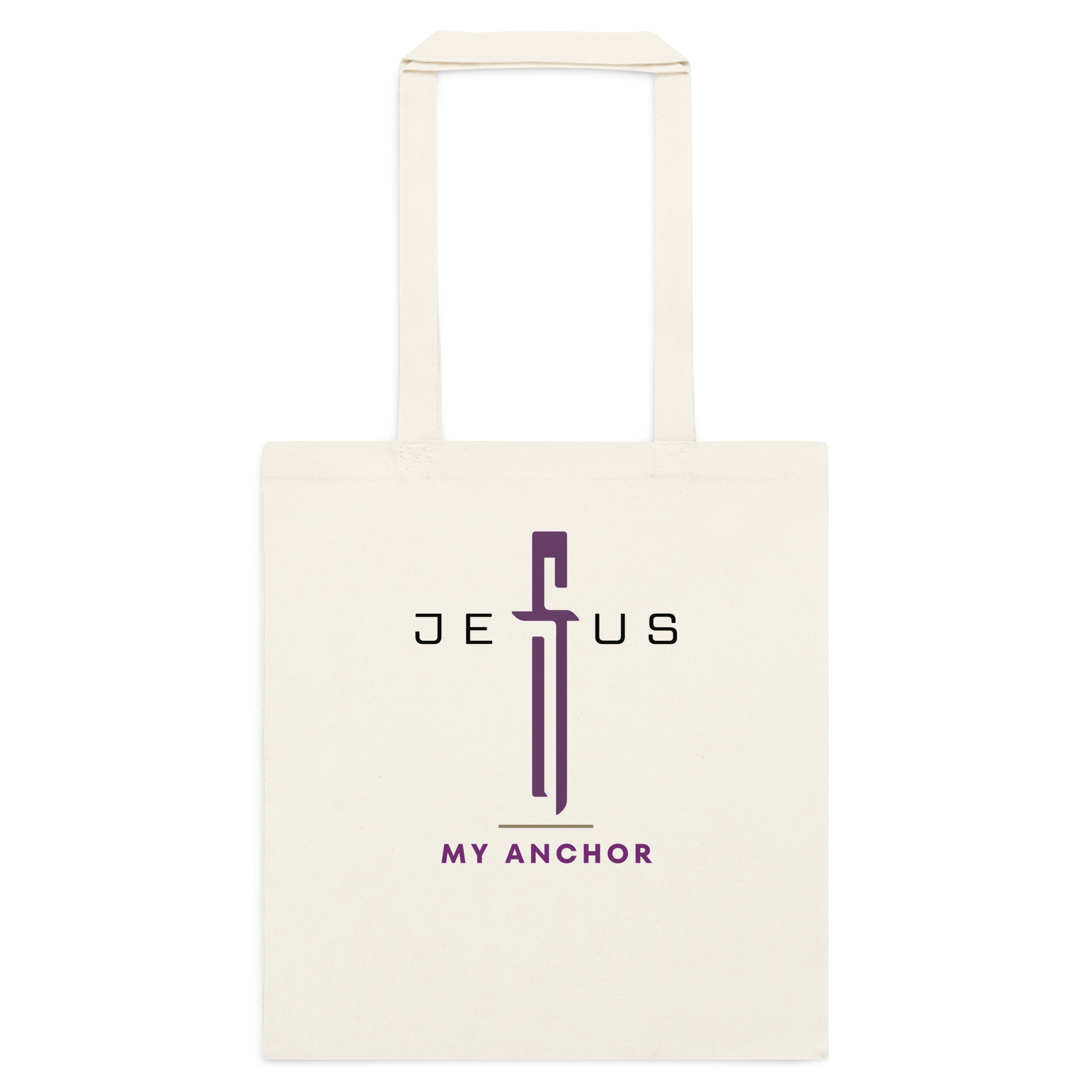 Neutral Jesus Is My Anchor tote bag with purple faith-based cross design