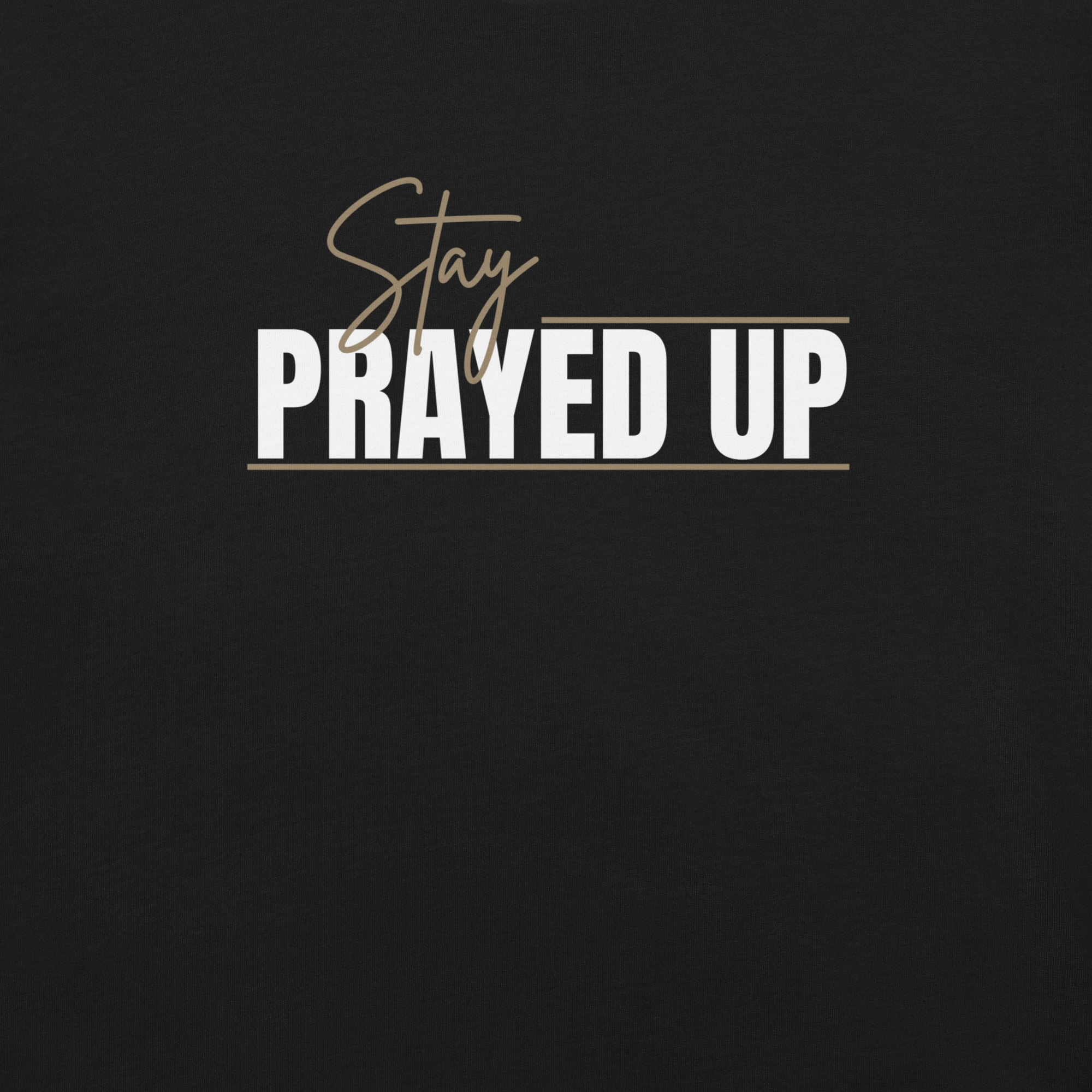 Closeup of Stay Prayed Up Tee design on black shirt