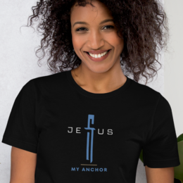 Model wearing black Jesus My Anchor Christian tee