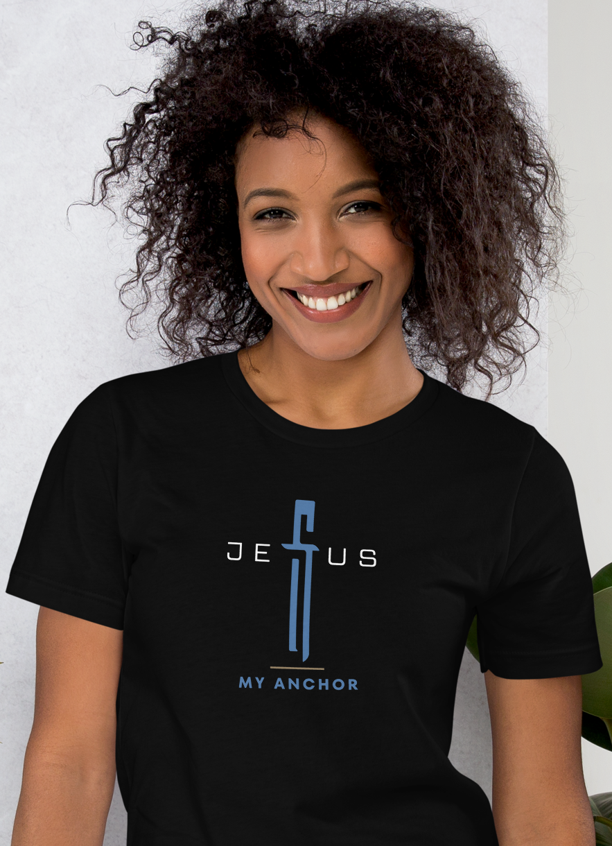 Model wearing black Jesus My Anchor Christian tee