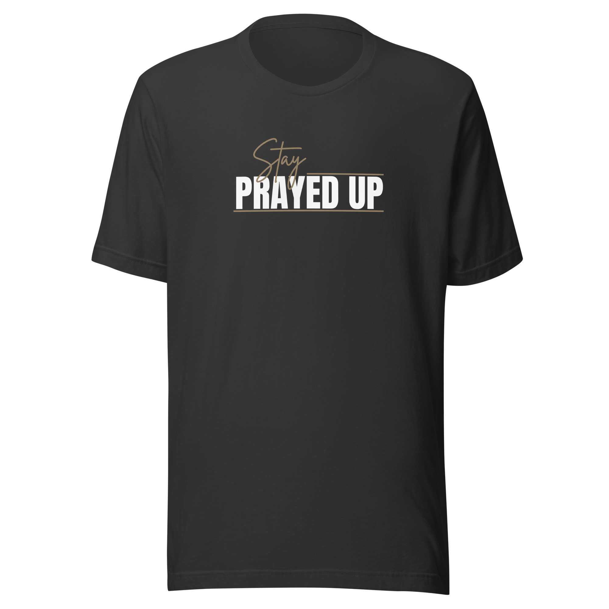 Dark grey Stay Prayed Up Tee with bold Christian statement design