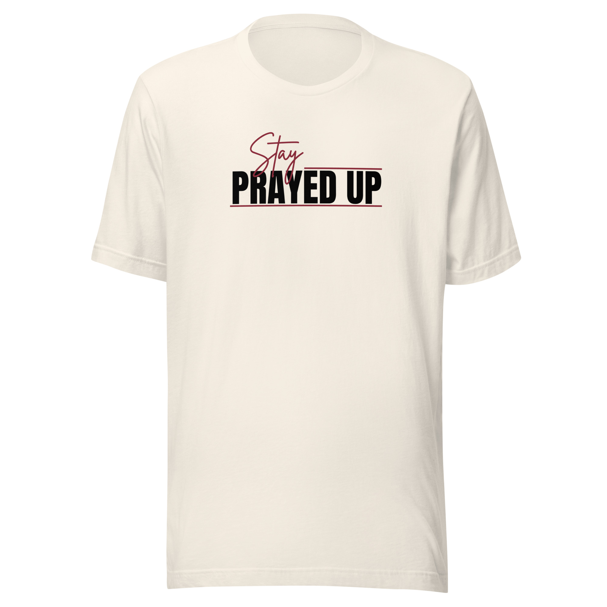 Vintage white Stay Prayed Up Tee with black and burgundy faith design