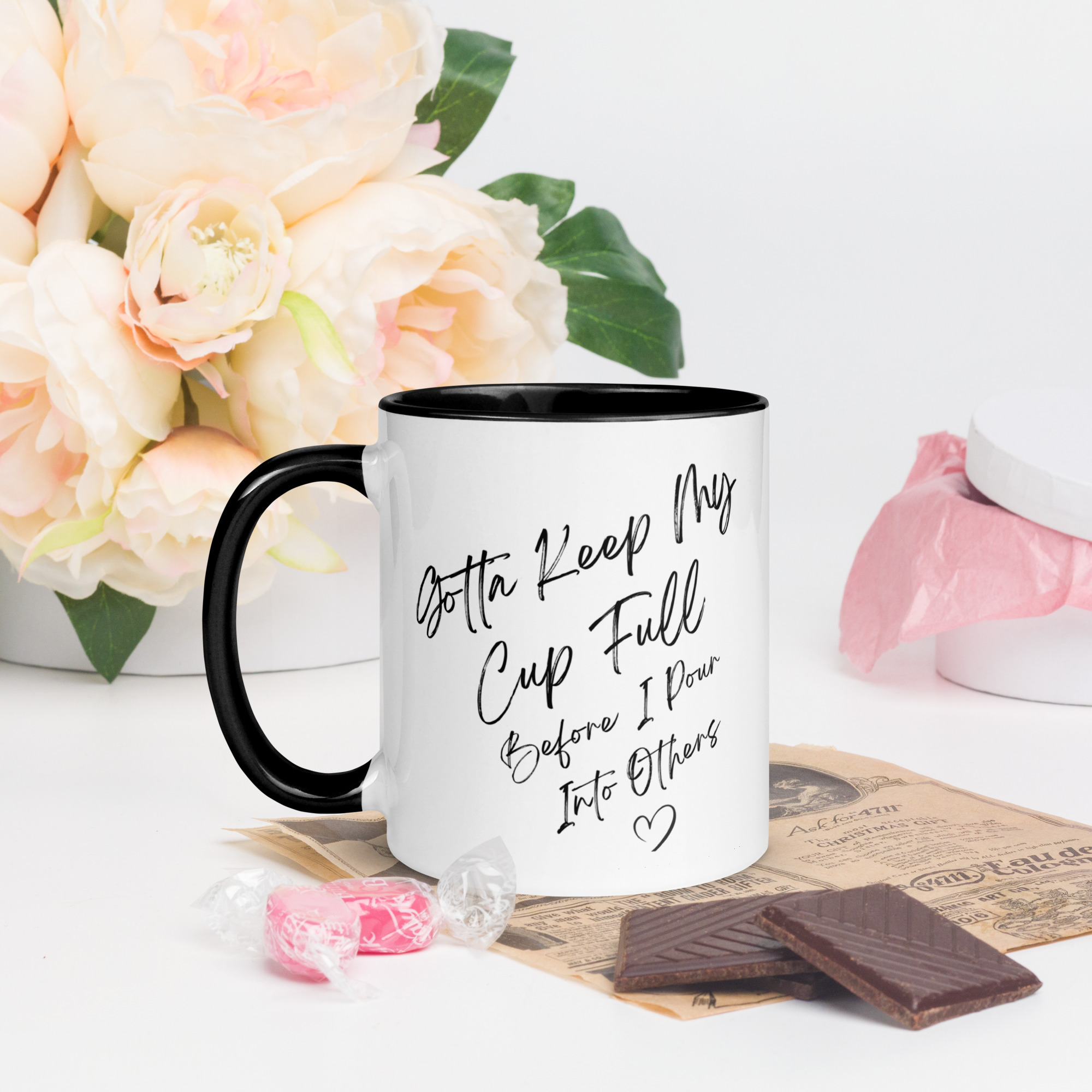 Black self-care coffee mug with quote Gotta Keep My Cup Full Before I Pour Into Others