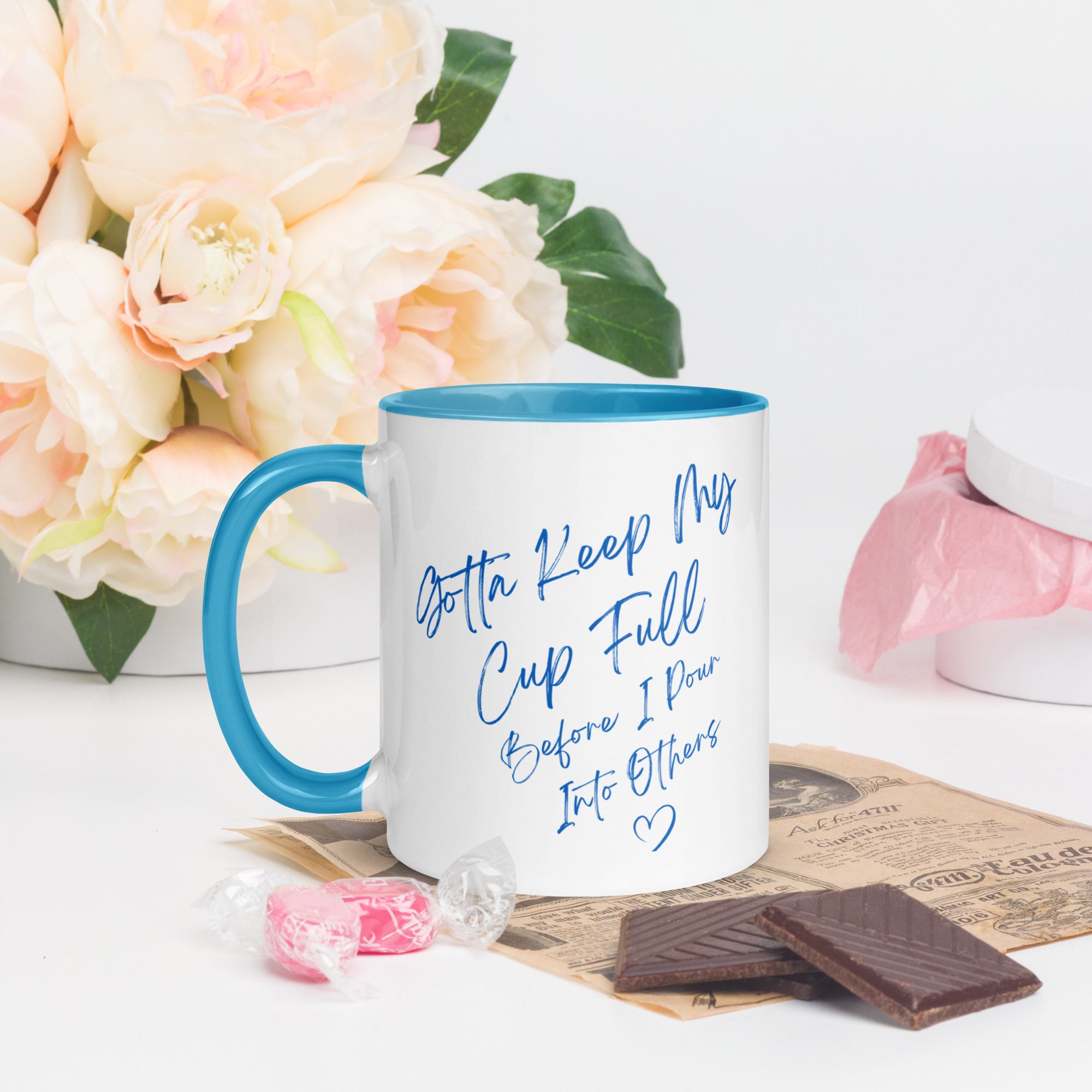 Blue self-care coffee mug with quote Gotta Keep My Cup Full Before I Pour Into Others