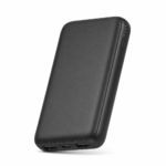 Black portable charger on a white background with dual USB ports and a compact, travel-friendly design.