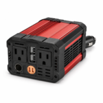 Red and black car power inverter on a white background with multiple outlets and USB ports.