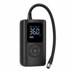 Black portable tire inflator with digital display and attached hose on a white background.
