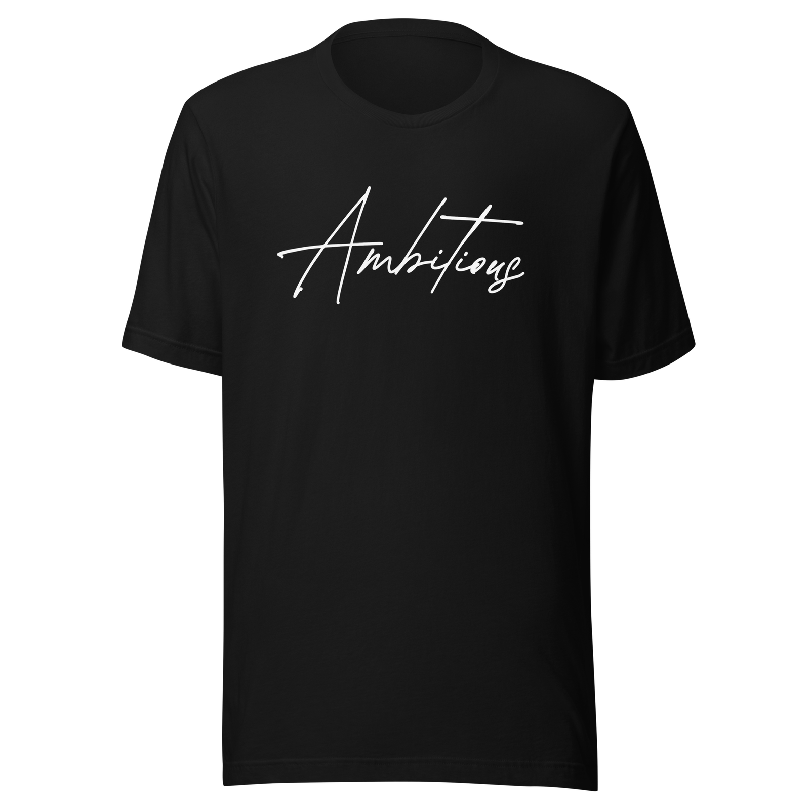 Black Ambitious Tee with minimalist statement script design