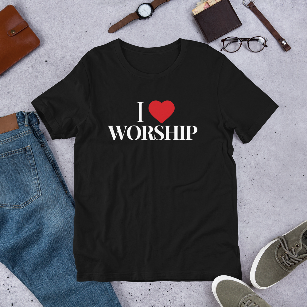 Black I Love Worship Tee styled in a lifestyle flatlay