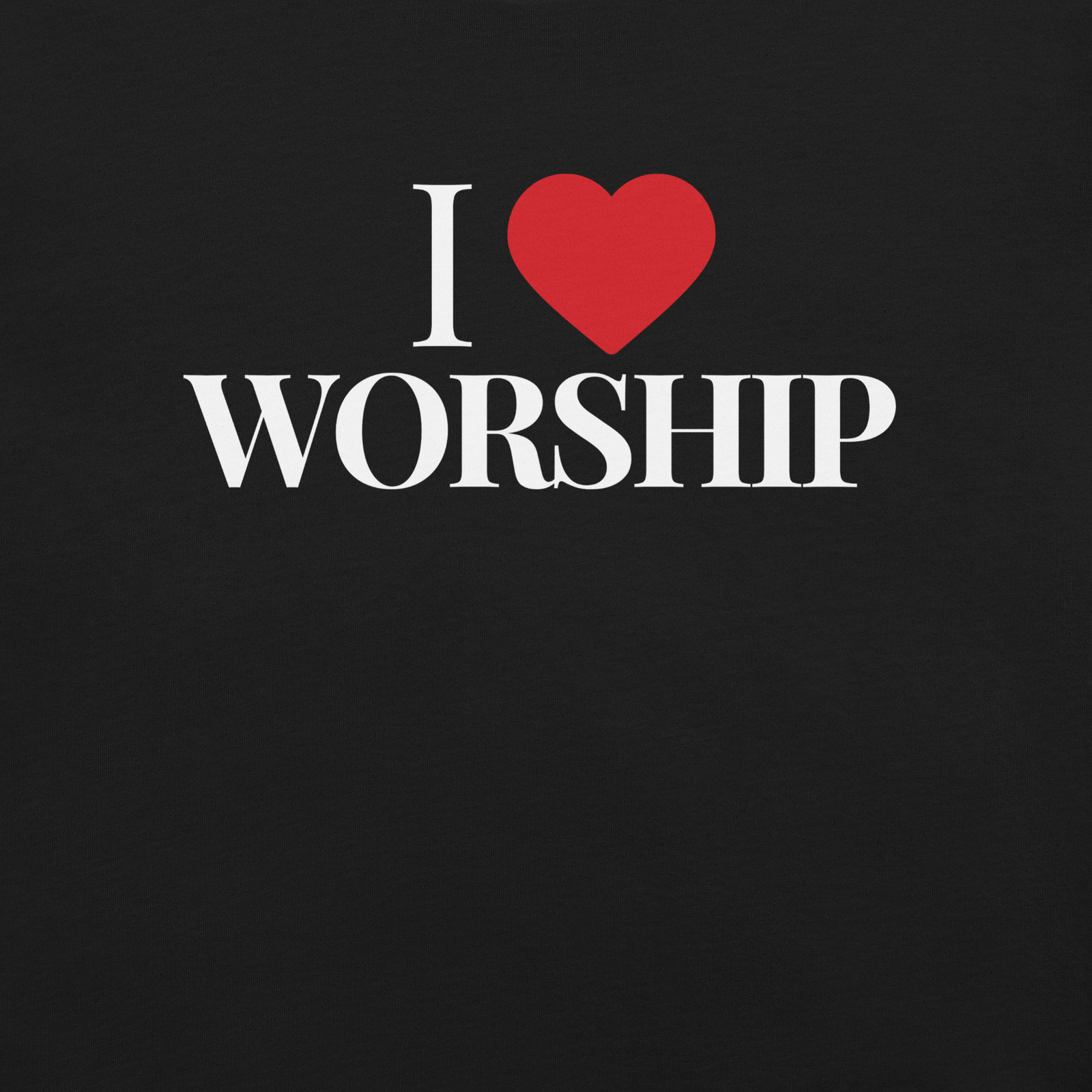 Close-up of I Love Worship design on black faith-based tee