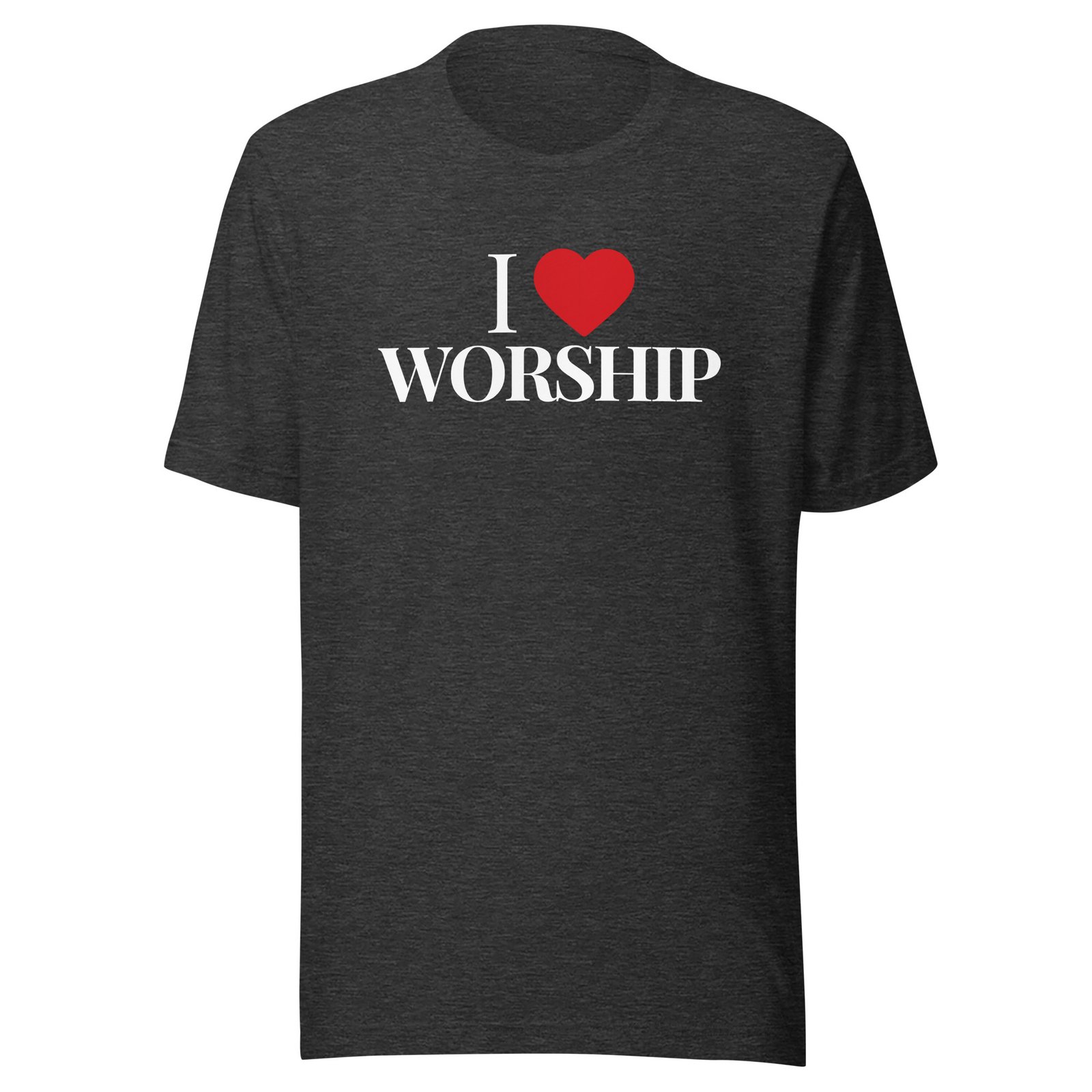 Dark Heather Gray I Love Worship Tee with red heart and faith-based statement design
