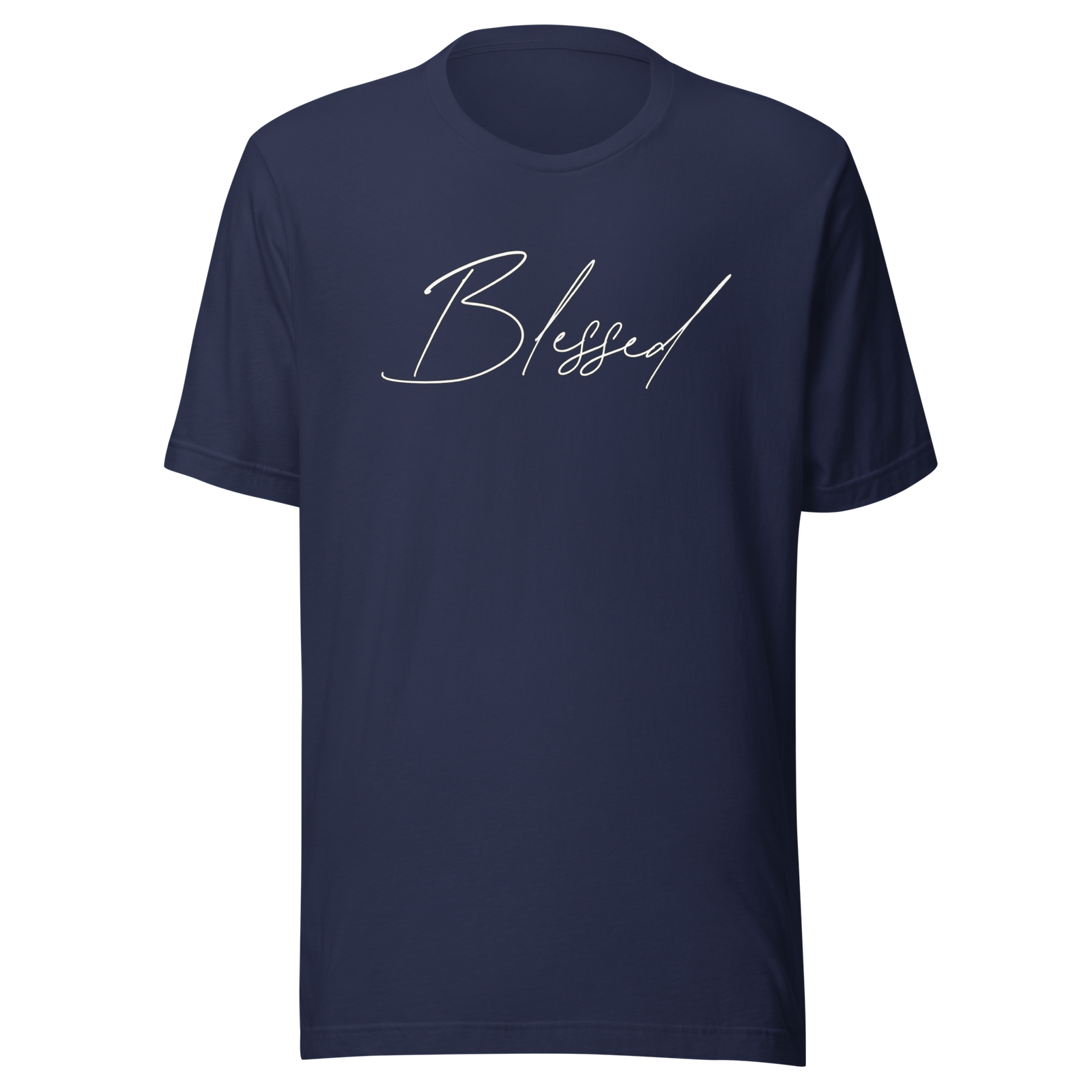 Navy Blessed Christian tee with minimalist script design