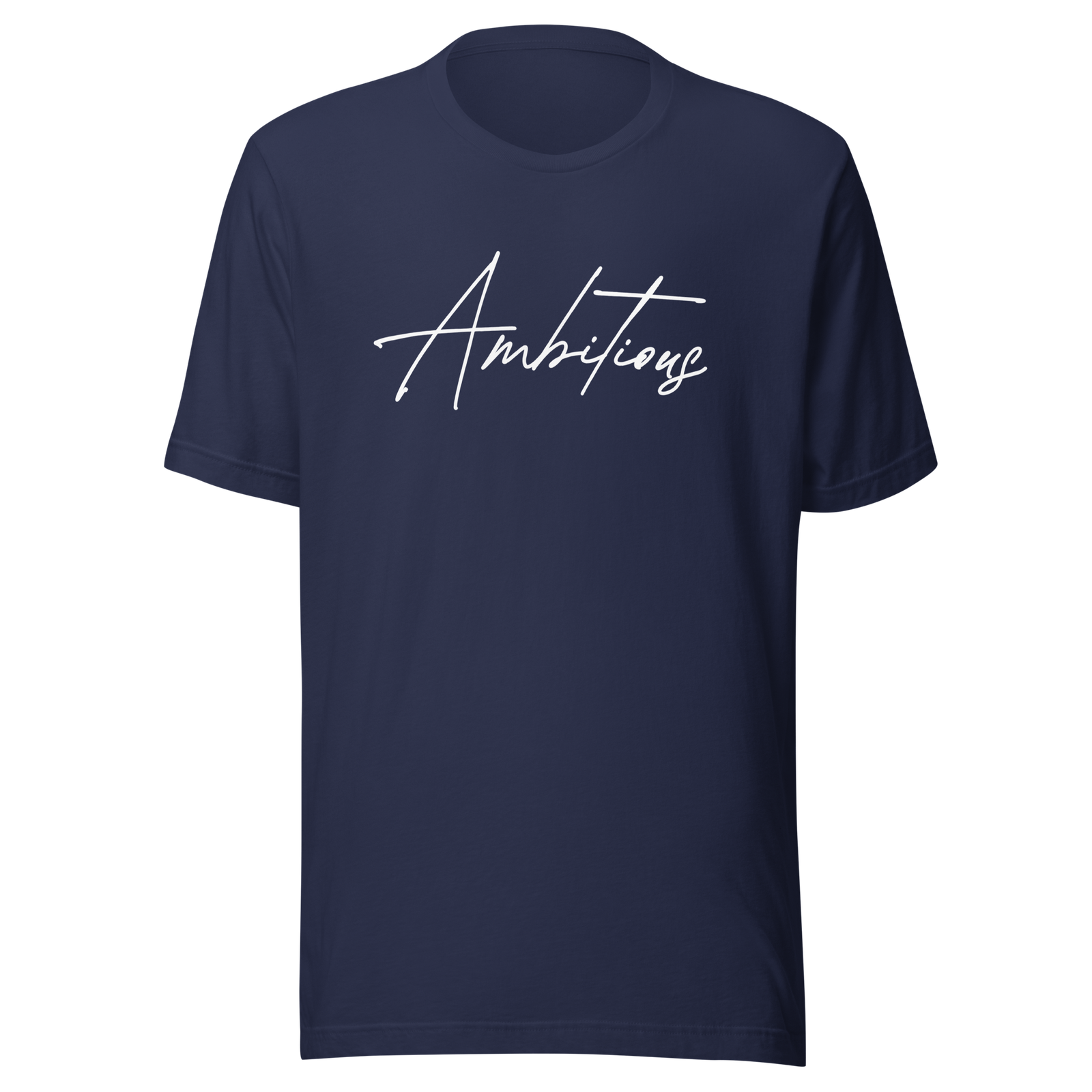Navy Ambitious Tee with minimalist statement script design