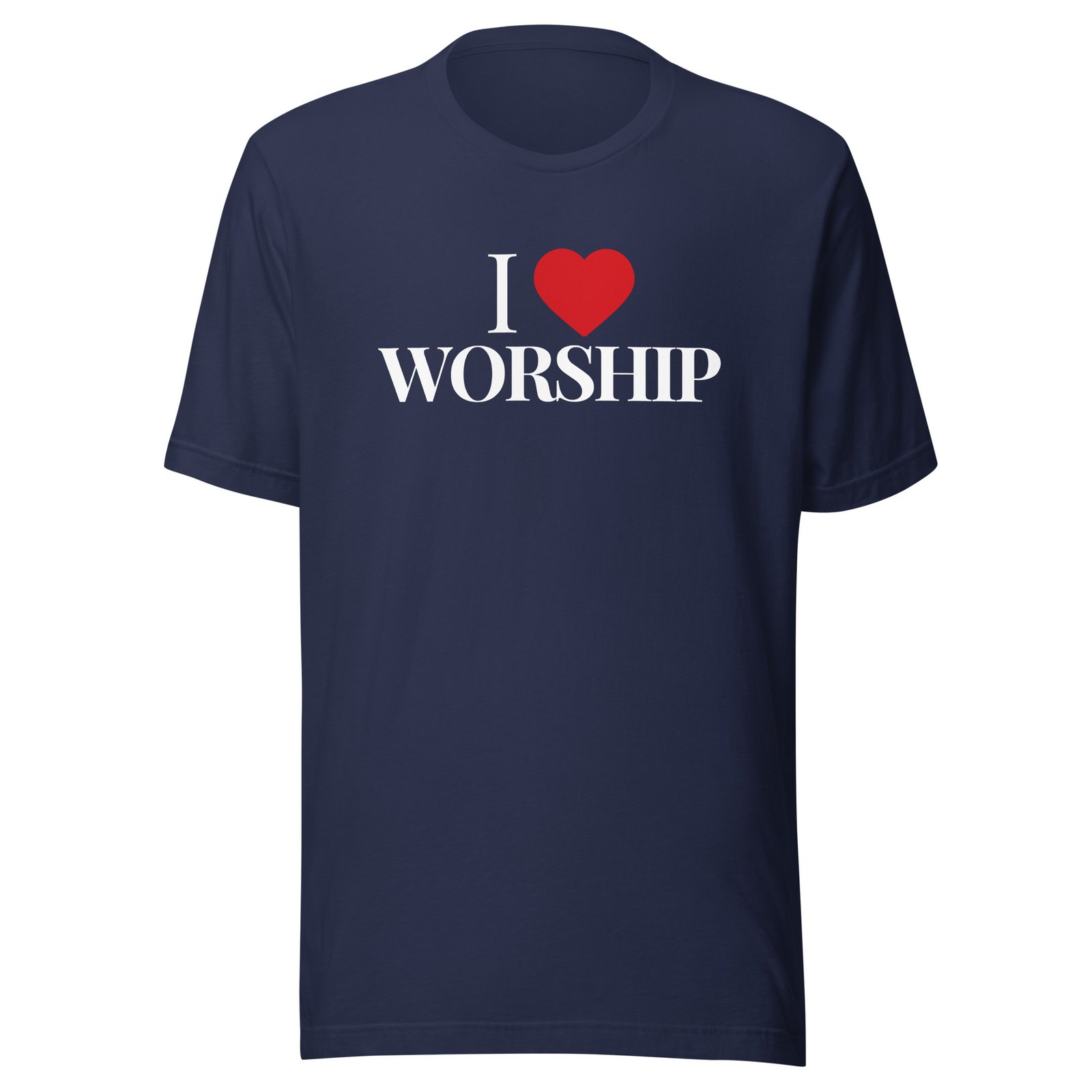 Navy I Love Worship Tee with red heart and faith-based statement design