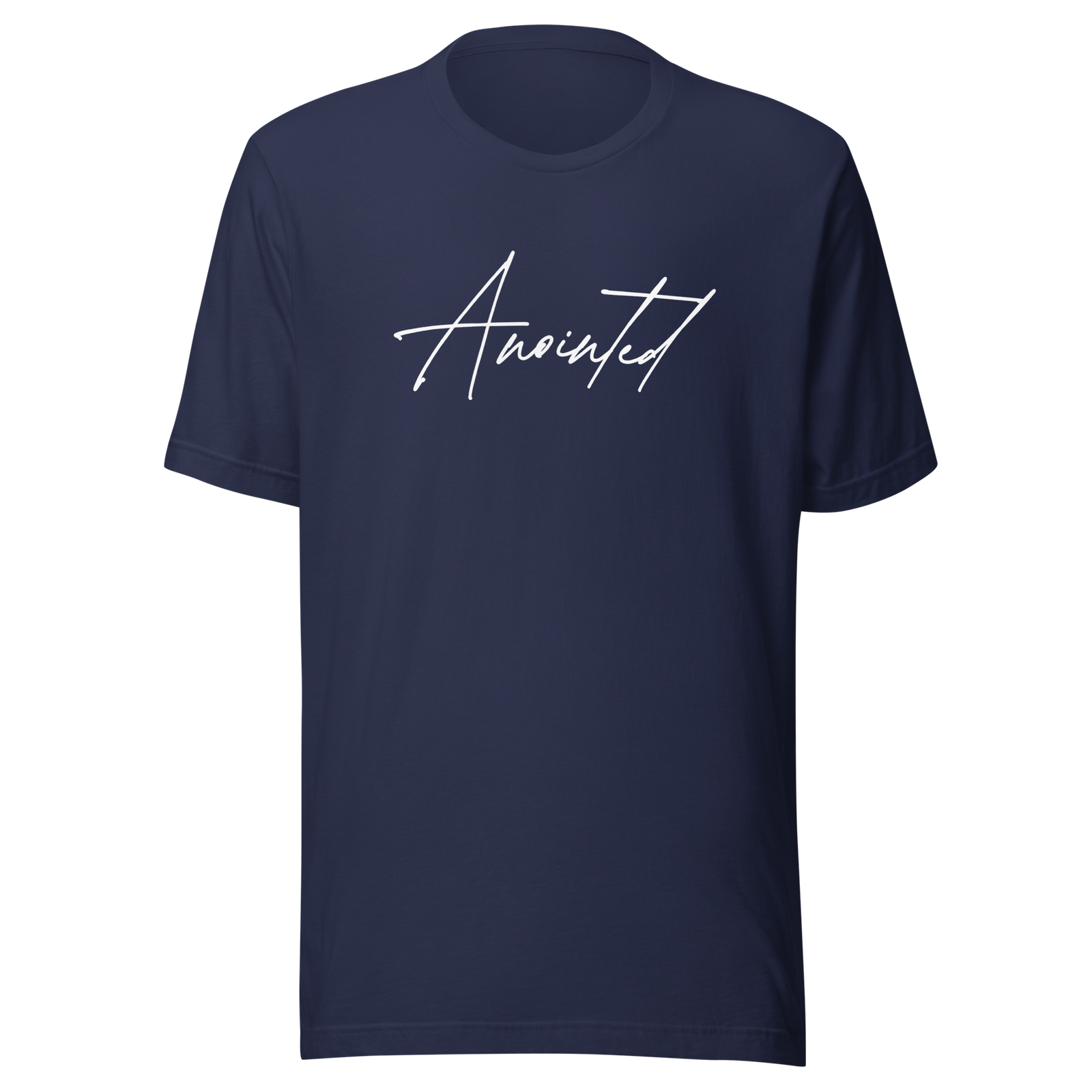 Navy Anointed Tee with minimalist faith-based script design