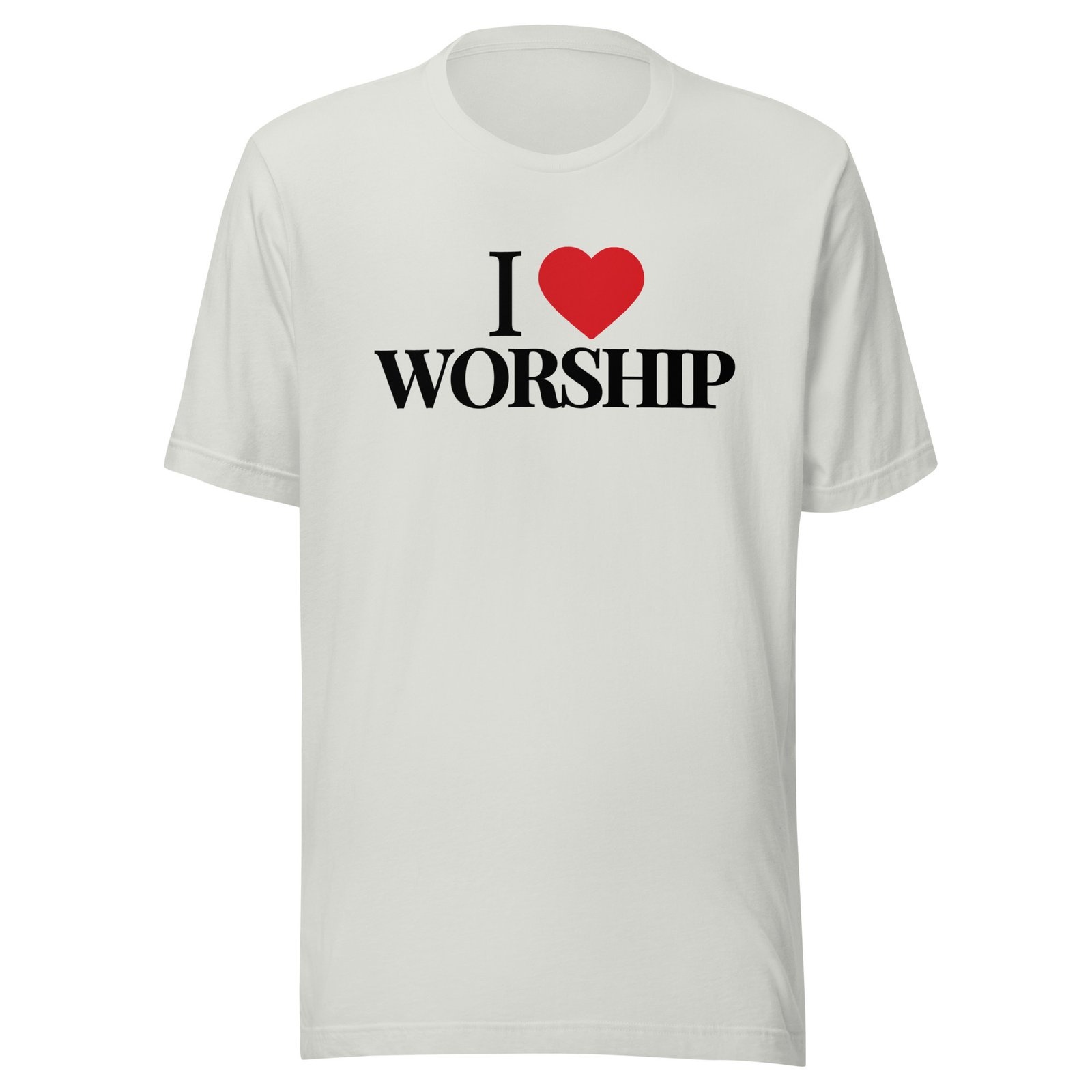 Silver I Love Worship Tee with black text and red heart design
