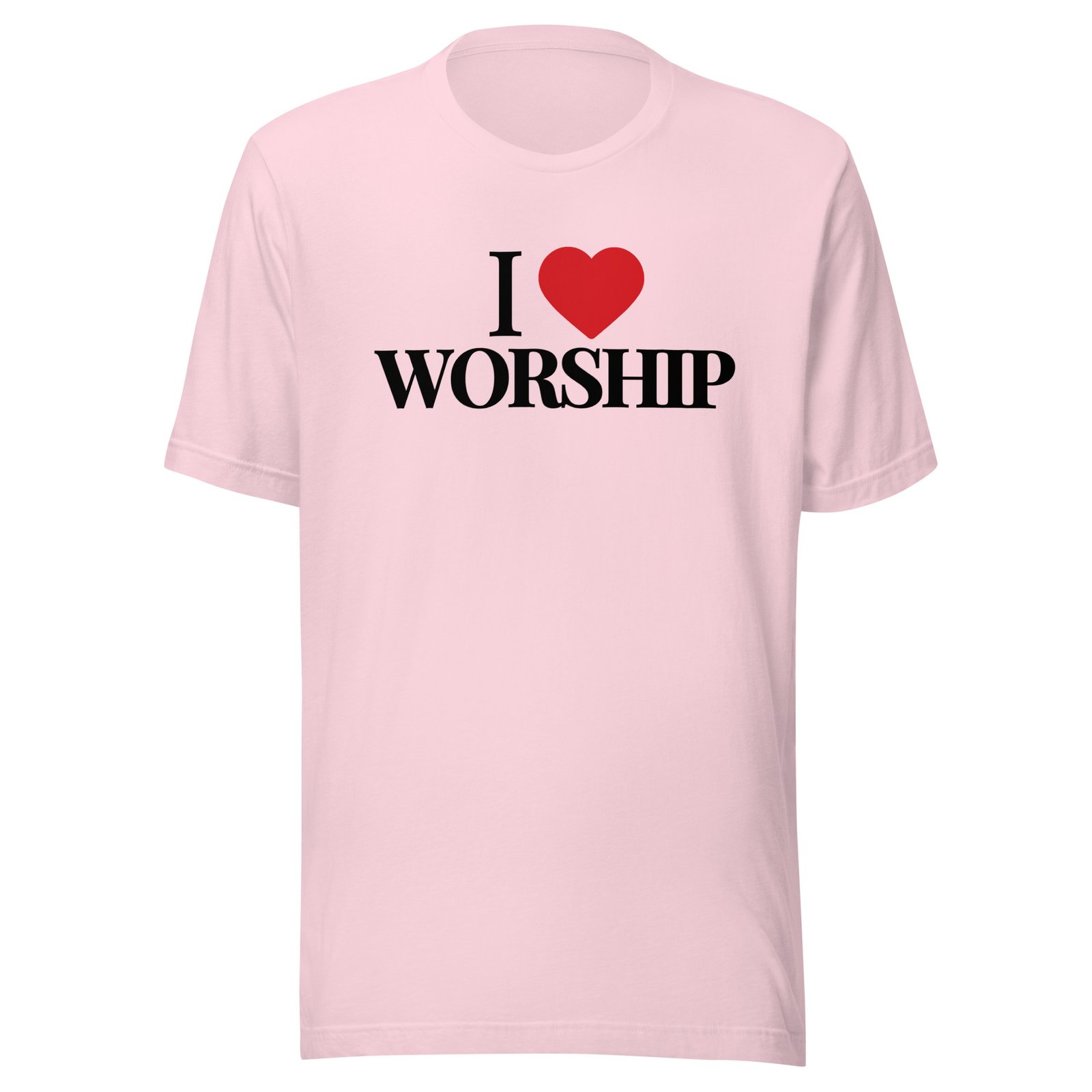 Soft Pink I Love Worship Tee with black text and red heart design