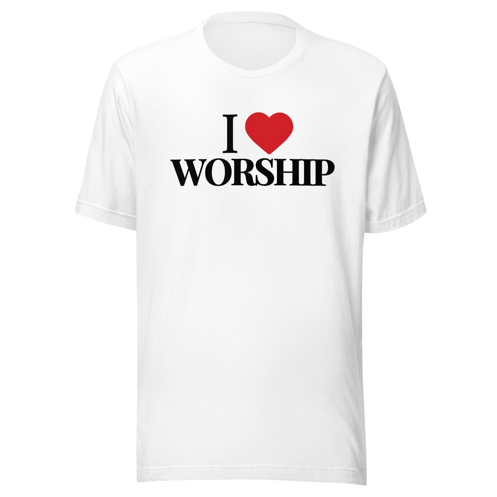 White I Love Worship Tee with black text and red heart design